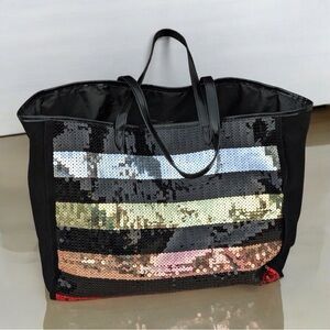 Victoria’s Secret Large Black Sequin Striped Logo Canvas Travel Tote Bag